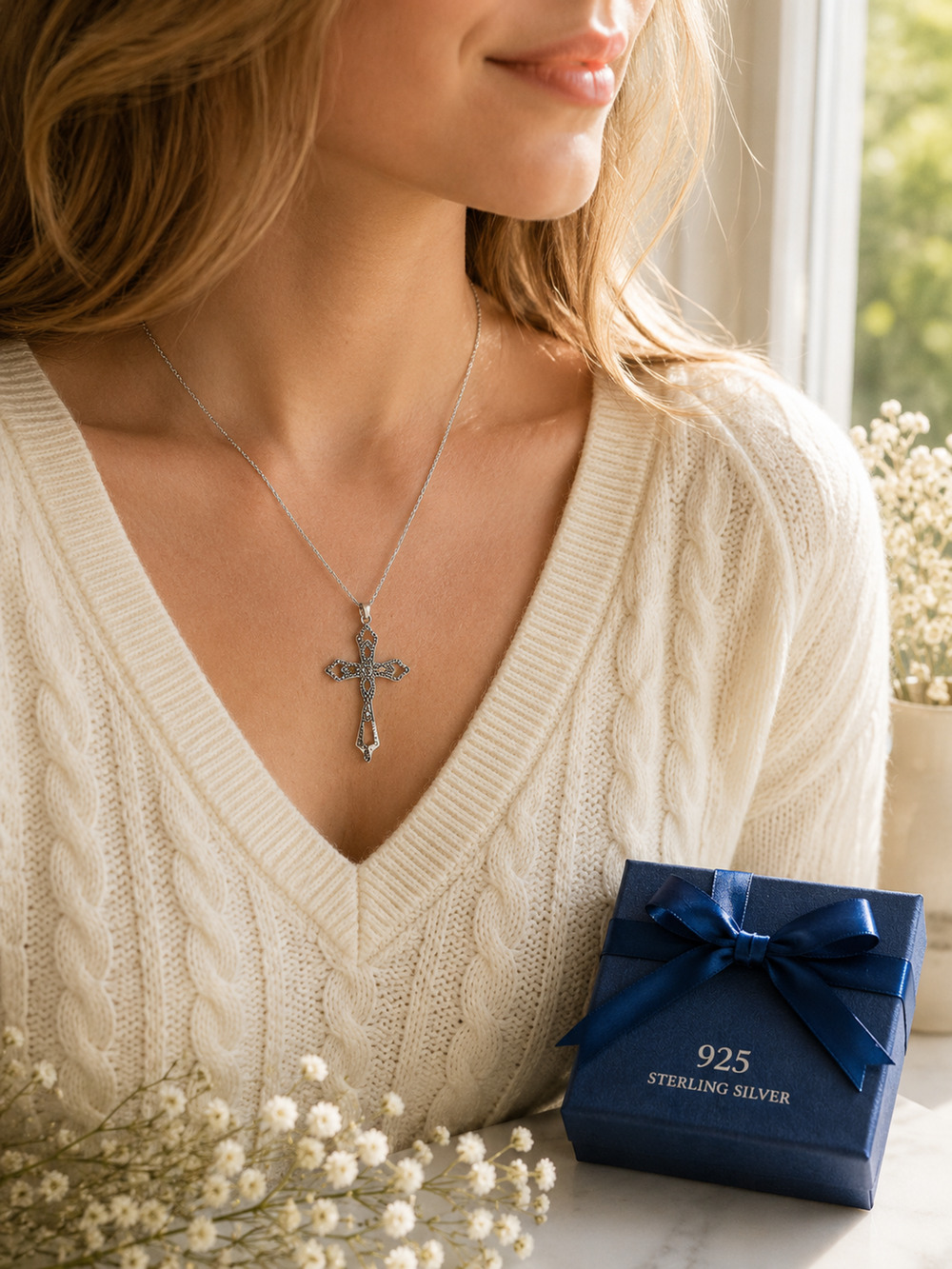 Vintage 925 Sterling Silver Cross Necklace India Openwork Pendant Gift Box